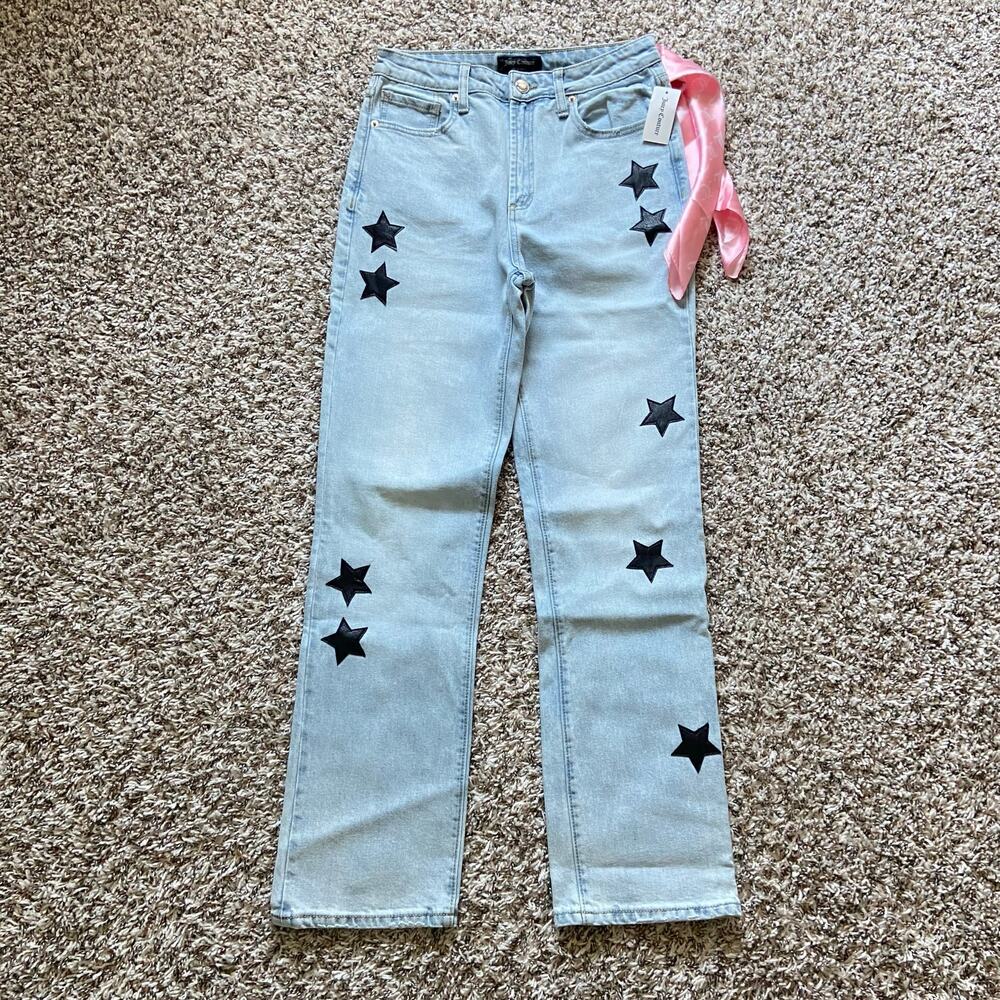 Juicy Couture High Waist Straight Jeans Women's 27 Stone Wash Black Patch Stars